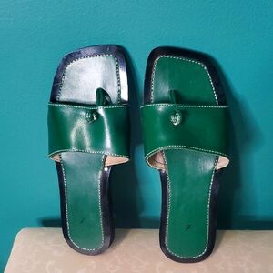 Green Leather Slide Sandals Made In Haito